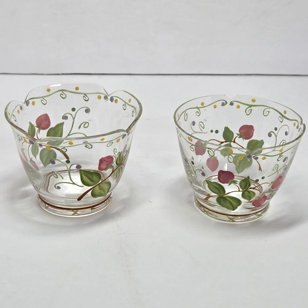 PartyLite Summer Strawberries Glass Votive Candle Holders Set of 2 Vintage 90s